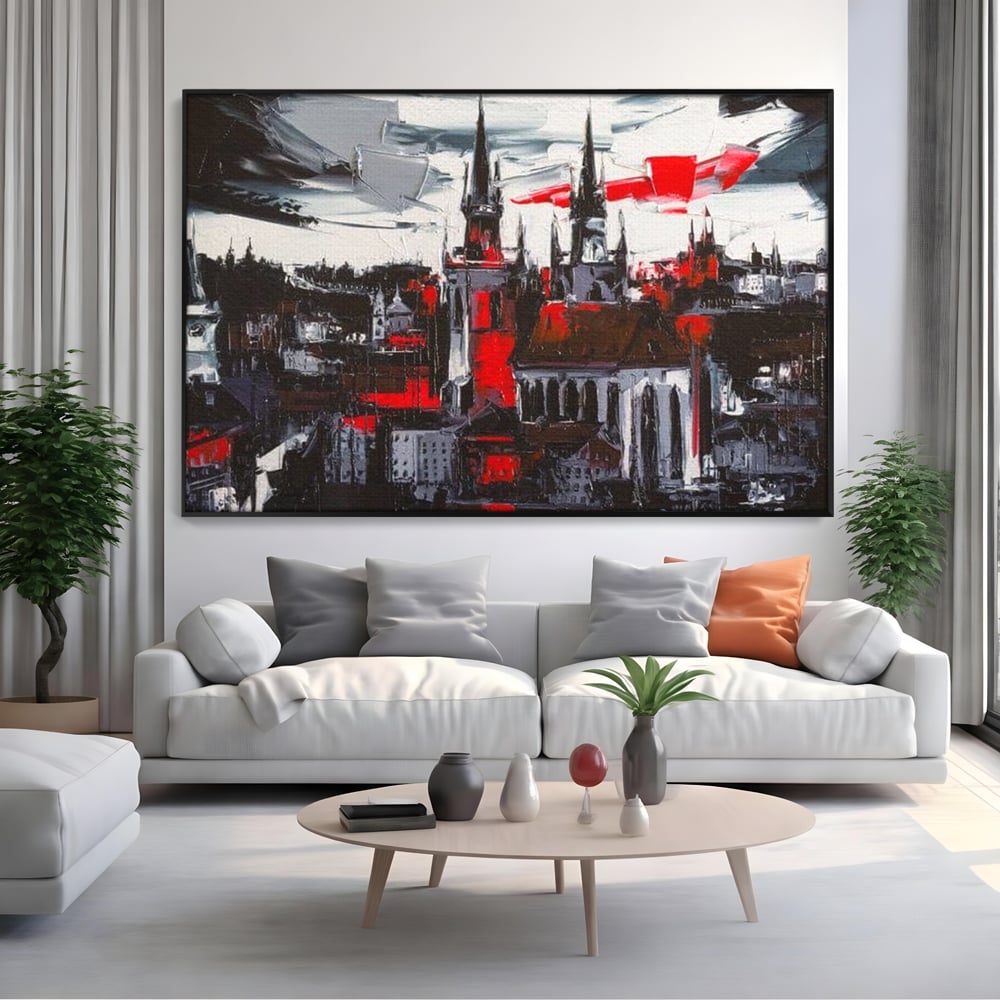 Tablou canvas cu pictura canvas cu turle gotice si accente rosii, in rama de aluminiu negru, pe perete intr-un living